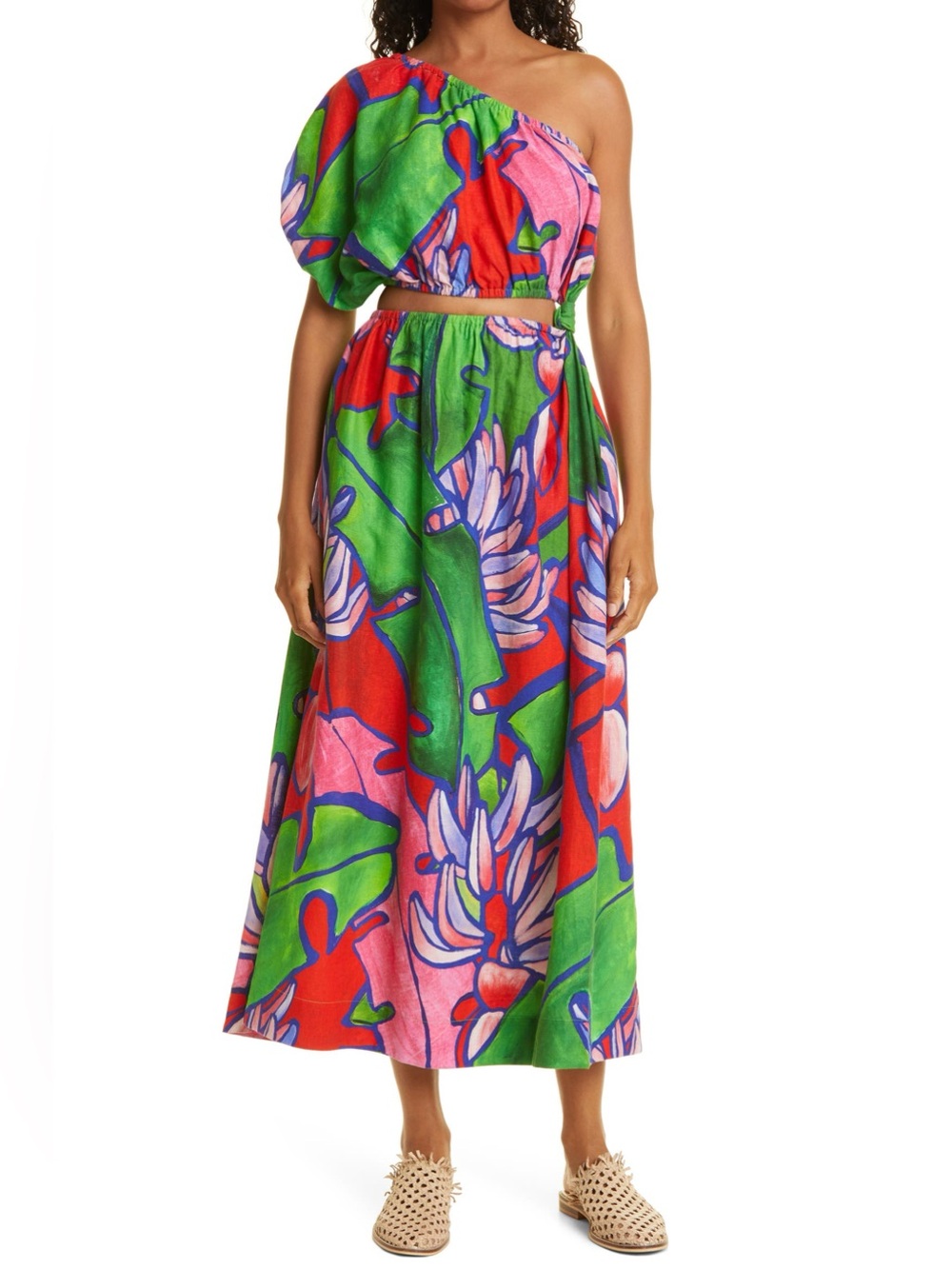 FARM Rio One-Shoulder Tropical Floral Maxi Skirt in Green, Red & Pink